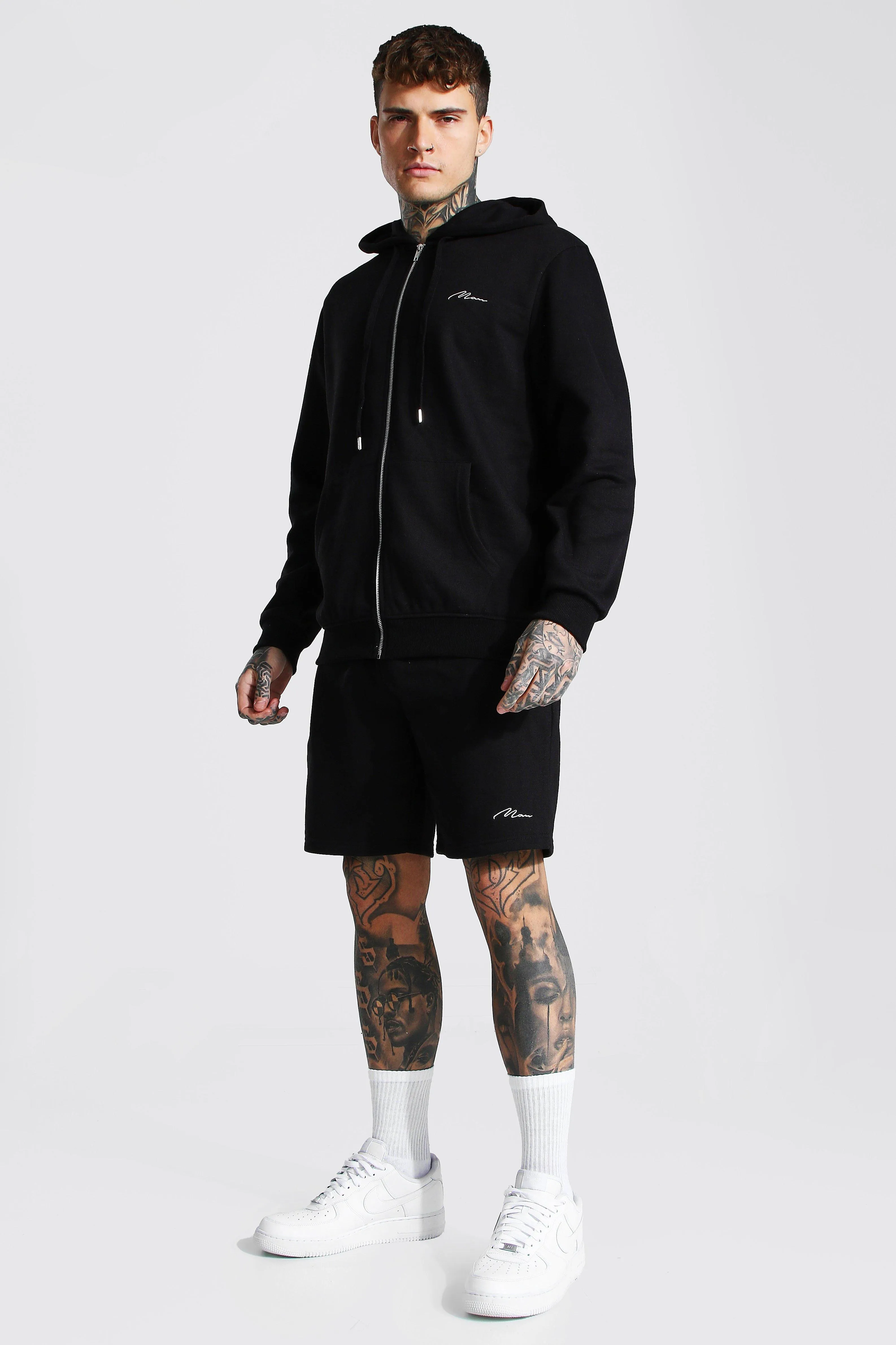 Man Signature Zip Hooded Short Tracksuit | boohooMAN UK