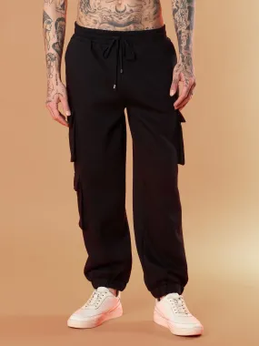 Men Black Utility Pockets Oversized Joggers