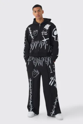 Oversized Boxy All Over Print Graffiti Zip Through Tracksuit