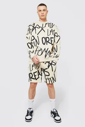 Oversized Doodle Print Short Tracksuit