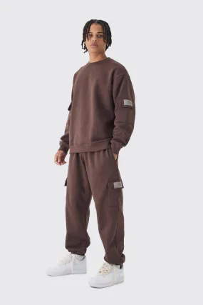 Oversized Man Tab Cargo Pocket Sweatshirt Tracksuit