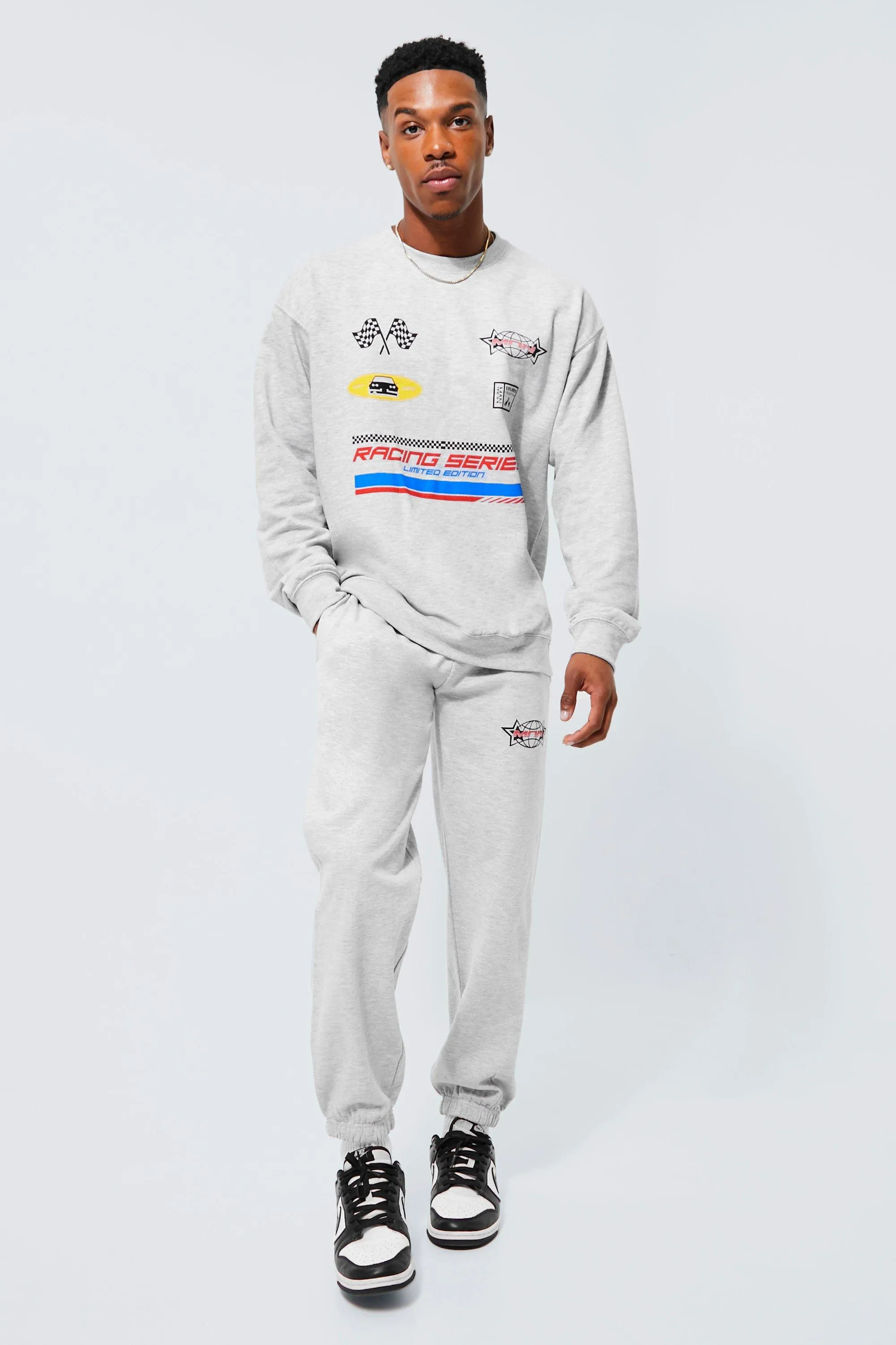 Oversized Racing Series Moto Print Sweat Tracksuit | boohooMAN UK