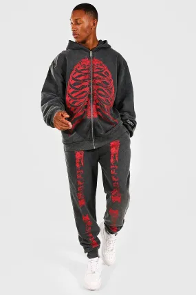 Oversized Skeleton Acid Wash Zip Tracksuit