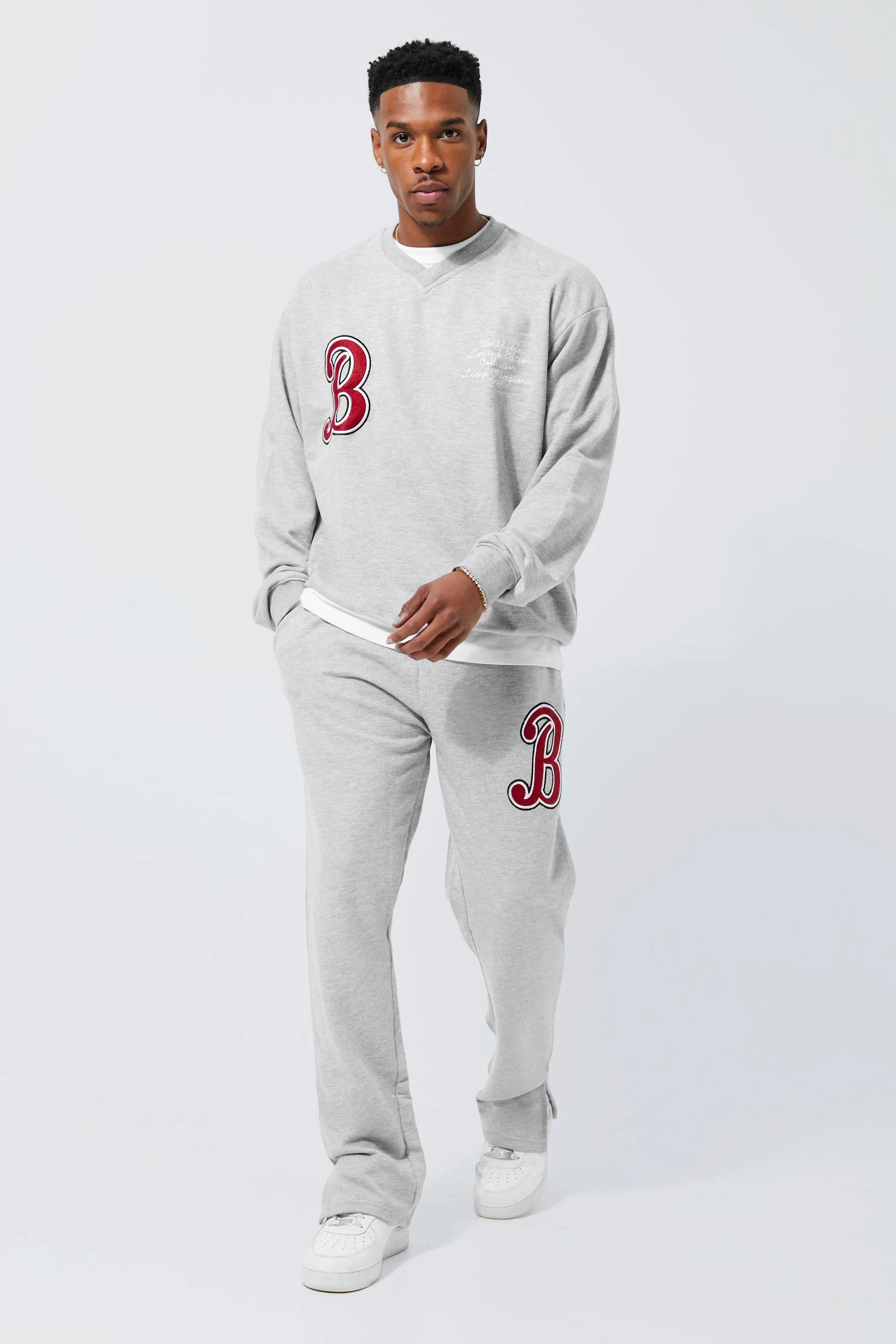 Oversized V Neck Varsity Sweatshirt Tracksuit | boohooMAN UK