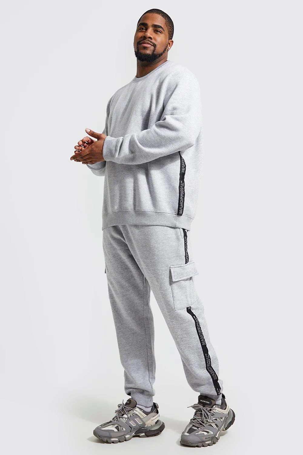 Plus Man Official Tape Cargo Tracksuit | boohooMAN UK