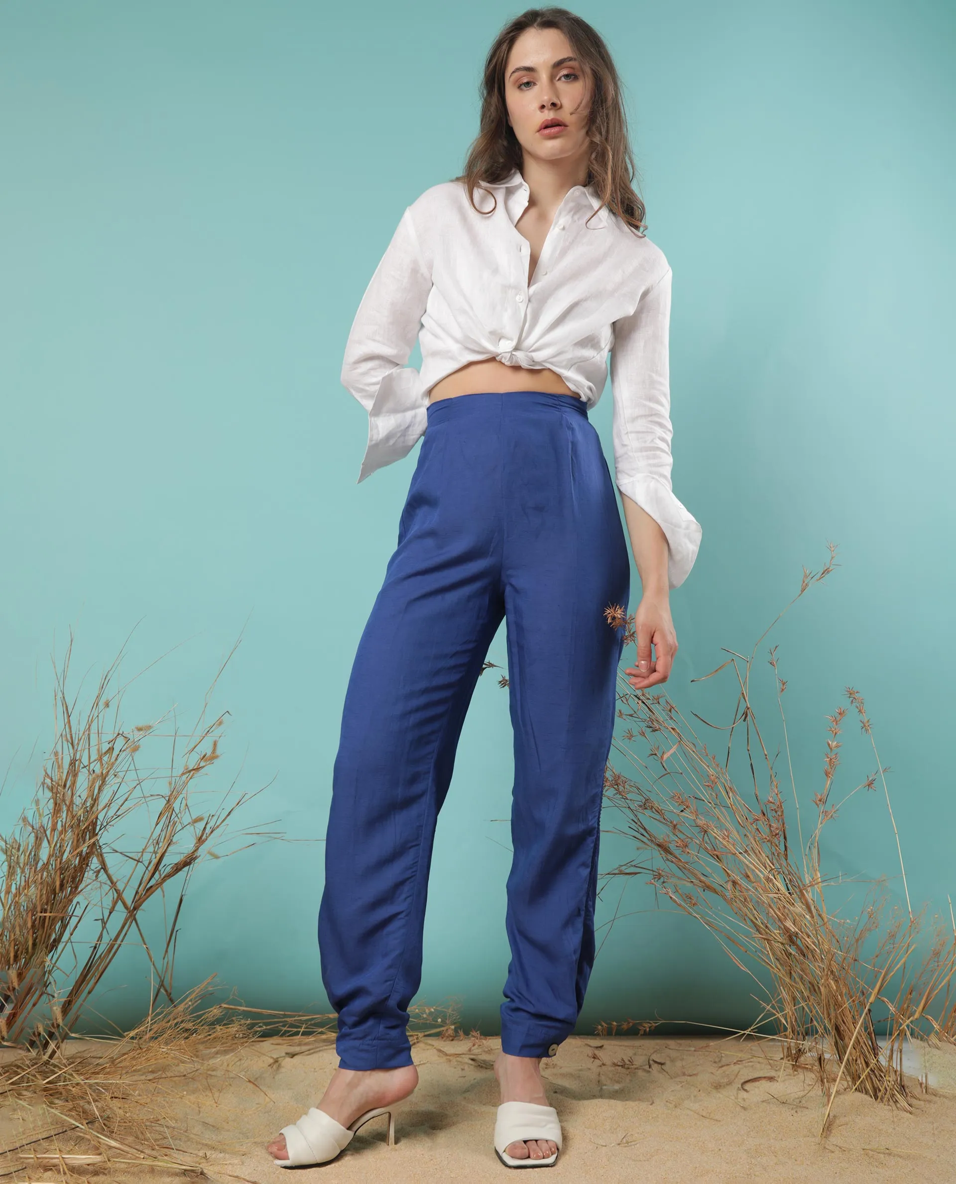 Rareism Women Erin Flouroscent Blue Modal Linen Fabric Tailored Fit Mid Rise Solid Ankle Length Trousers