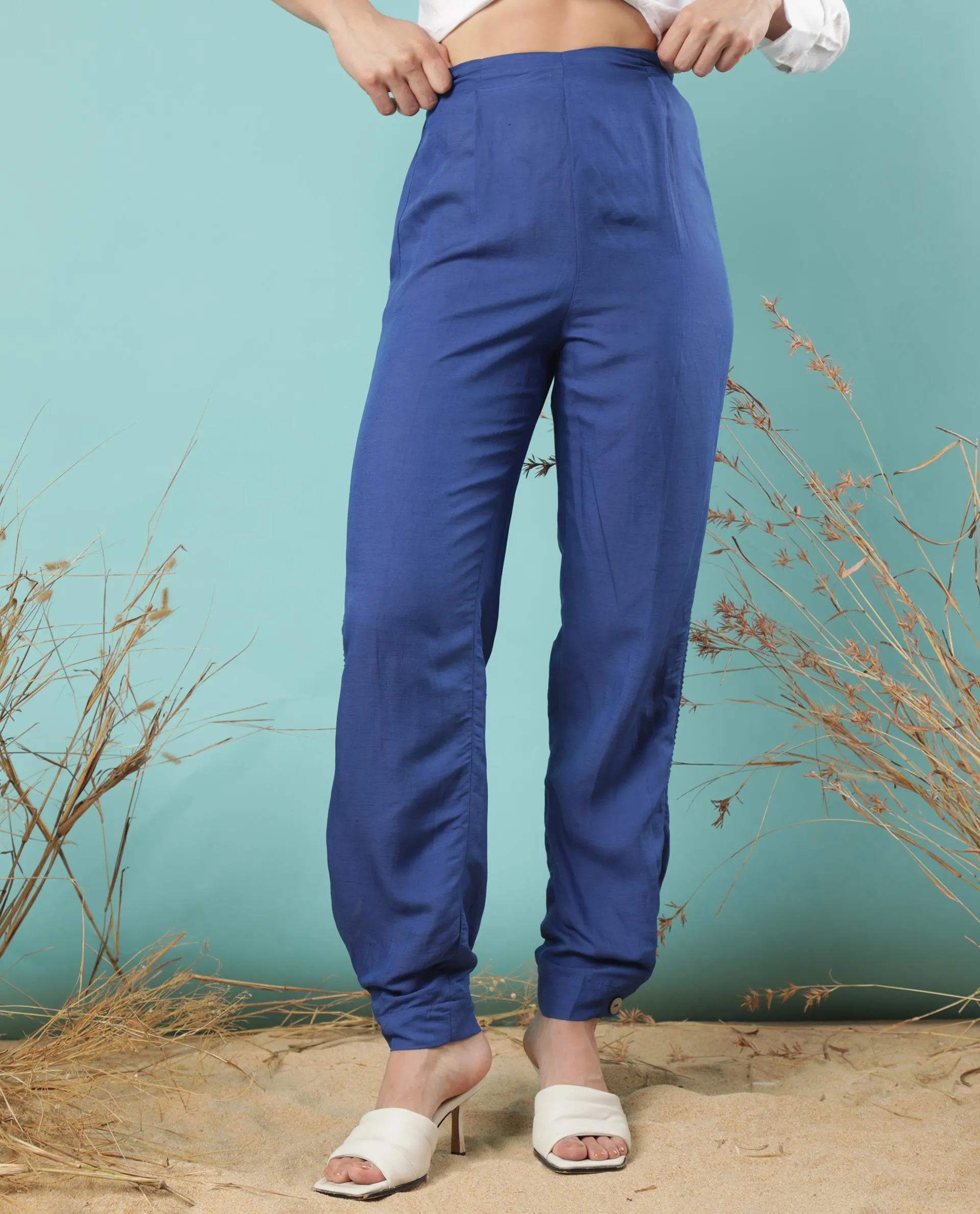 Rareism Women Erin Flouroscent Blue Modal Linen Fabric Tailored Fit Mid Rise Solid Ankle Length Trousers