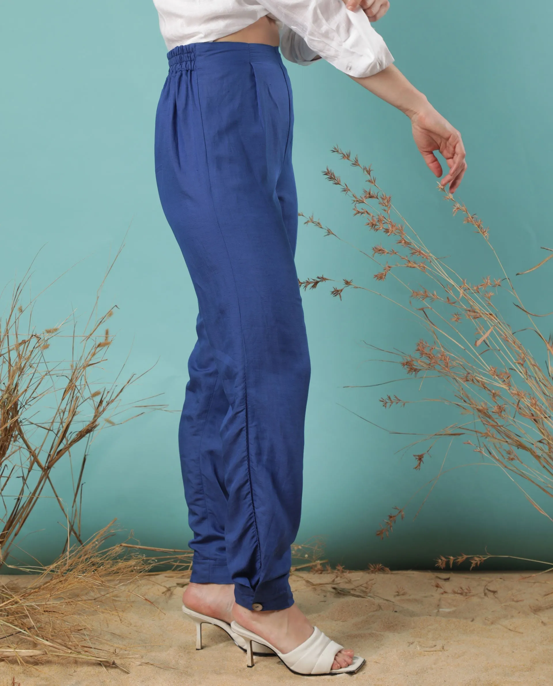 Rareism Women Erin Flouroscent Blue Modal Linen Fabric Tailored Fit Mid Rise Solid Ankle Length Trousers