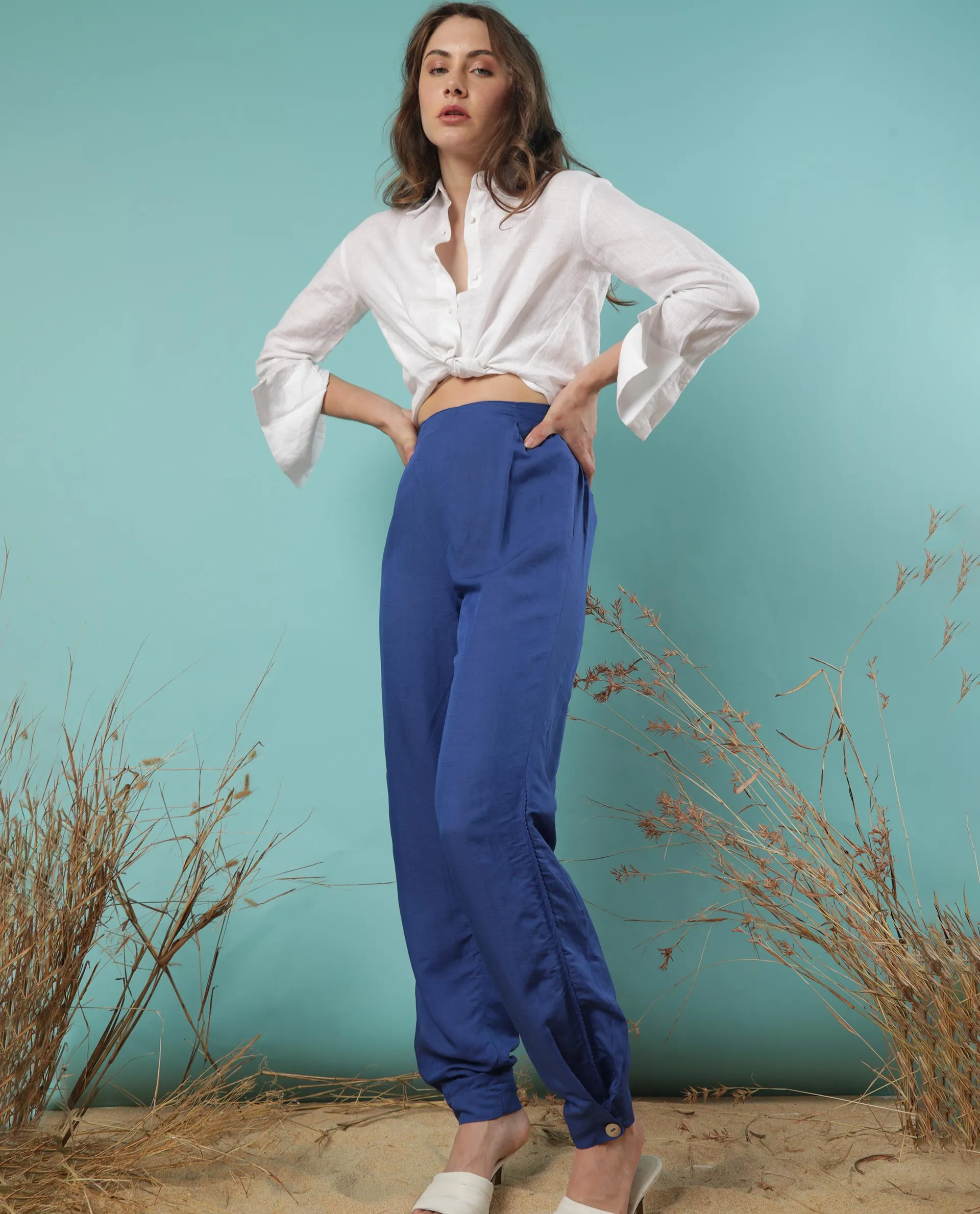 Rareism Women Erin Flouroscent Blue Modal Linen Fabric Tailored Fit Mid Rise Solid Ankle Length Trousers