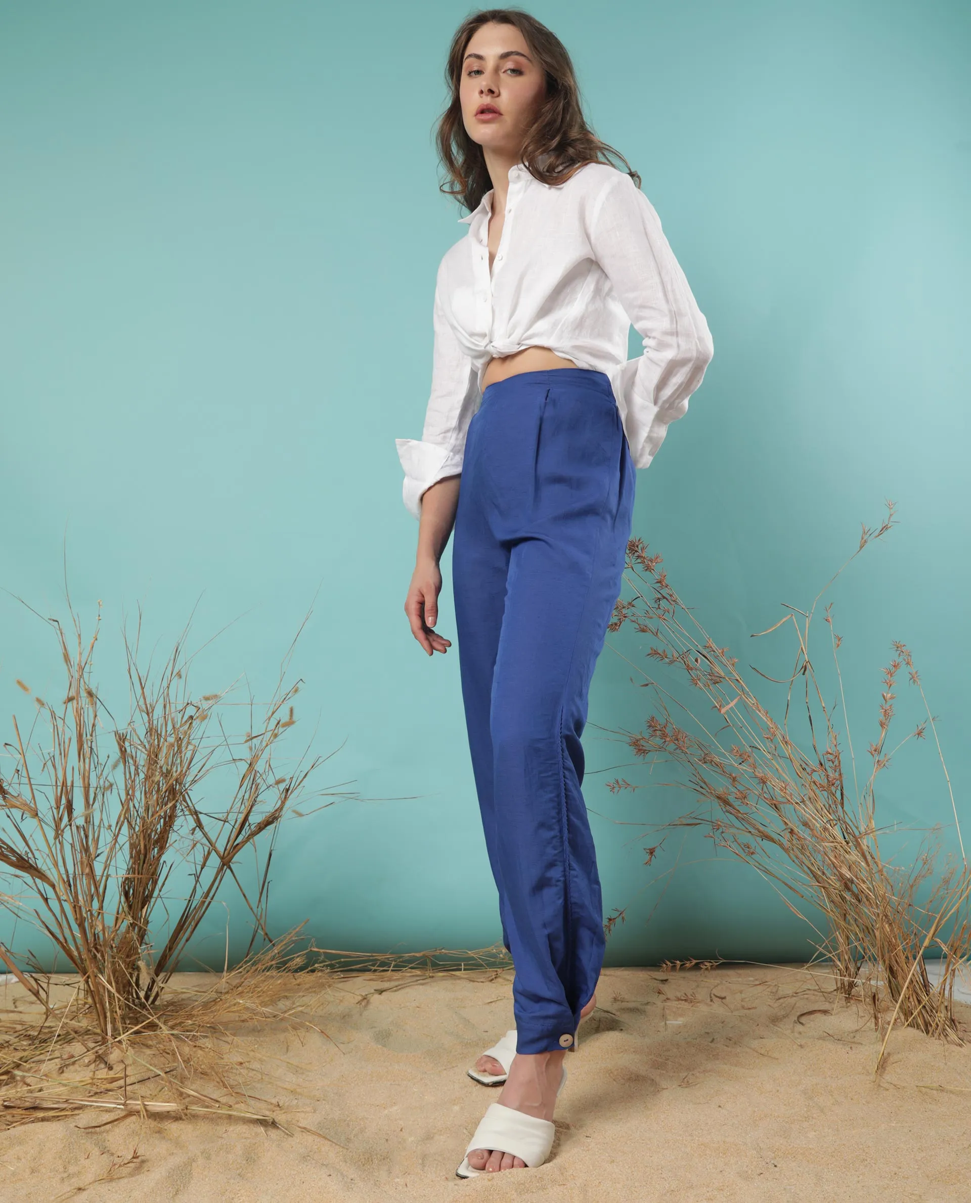 Rareism Women Erin Flouroscent Blue Modal Linen Fabric Tailored Fit Mid Rise Solid Ankle Length Trousers