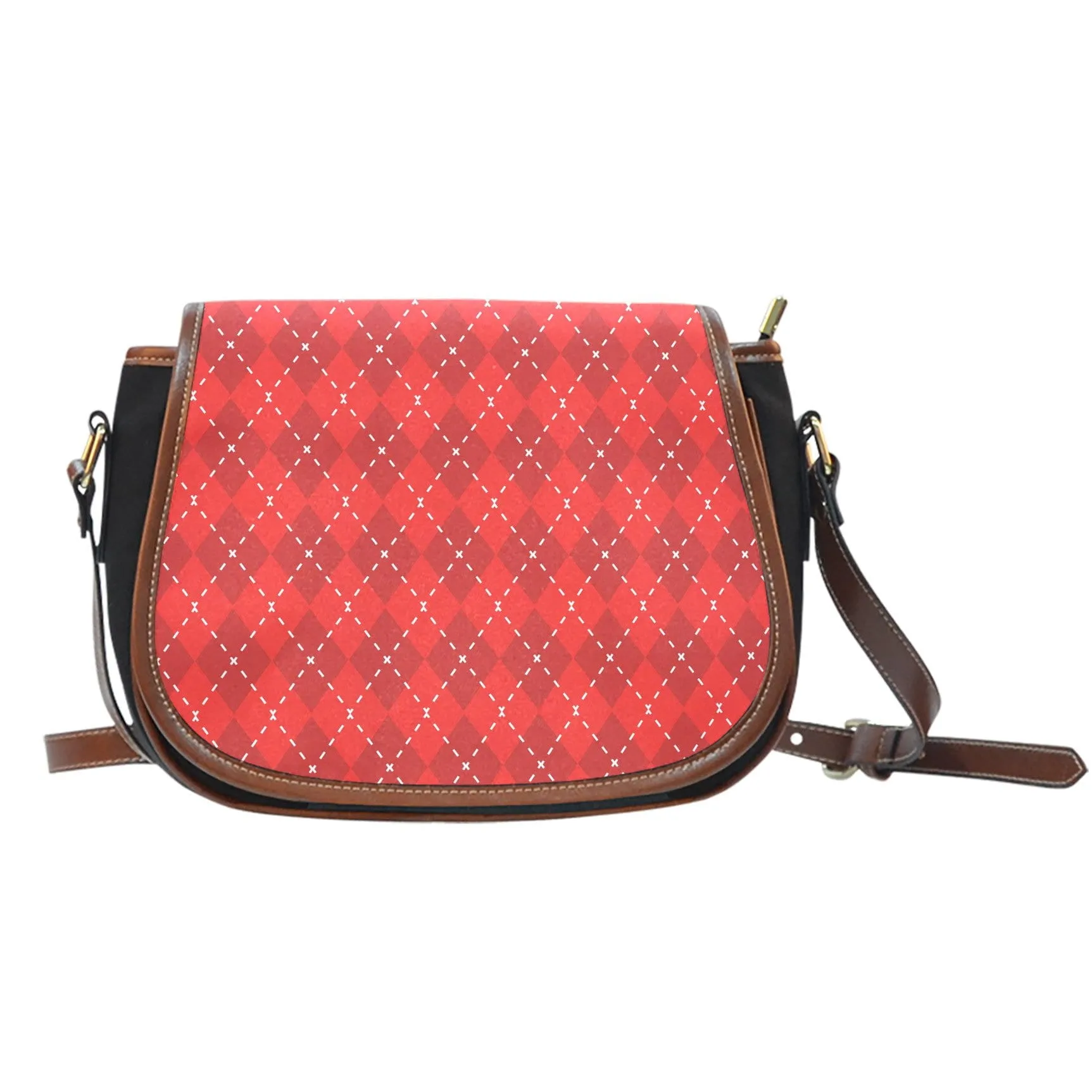 Red Argyle Black Canvas Leather Trim Saddle Bag