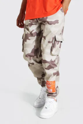 Regular Fit Camo Cargo Joggers With Label | boohooMAN UK