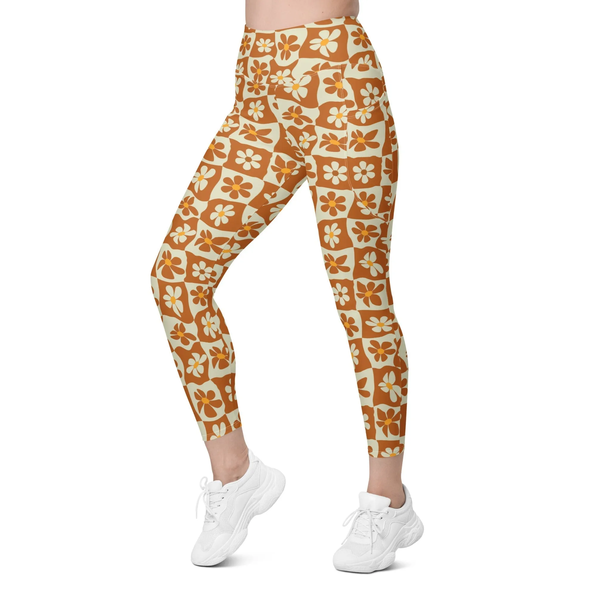 Retro Flower Checkerboard Leggings With Pockets