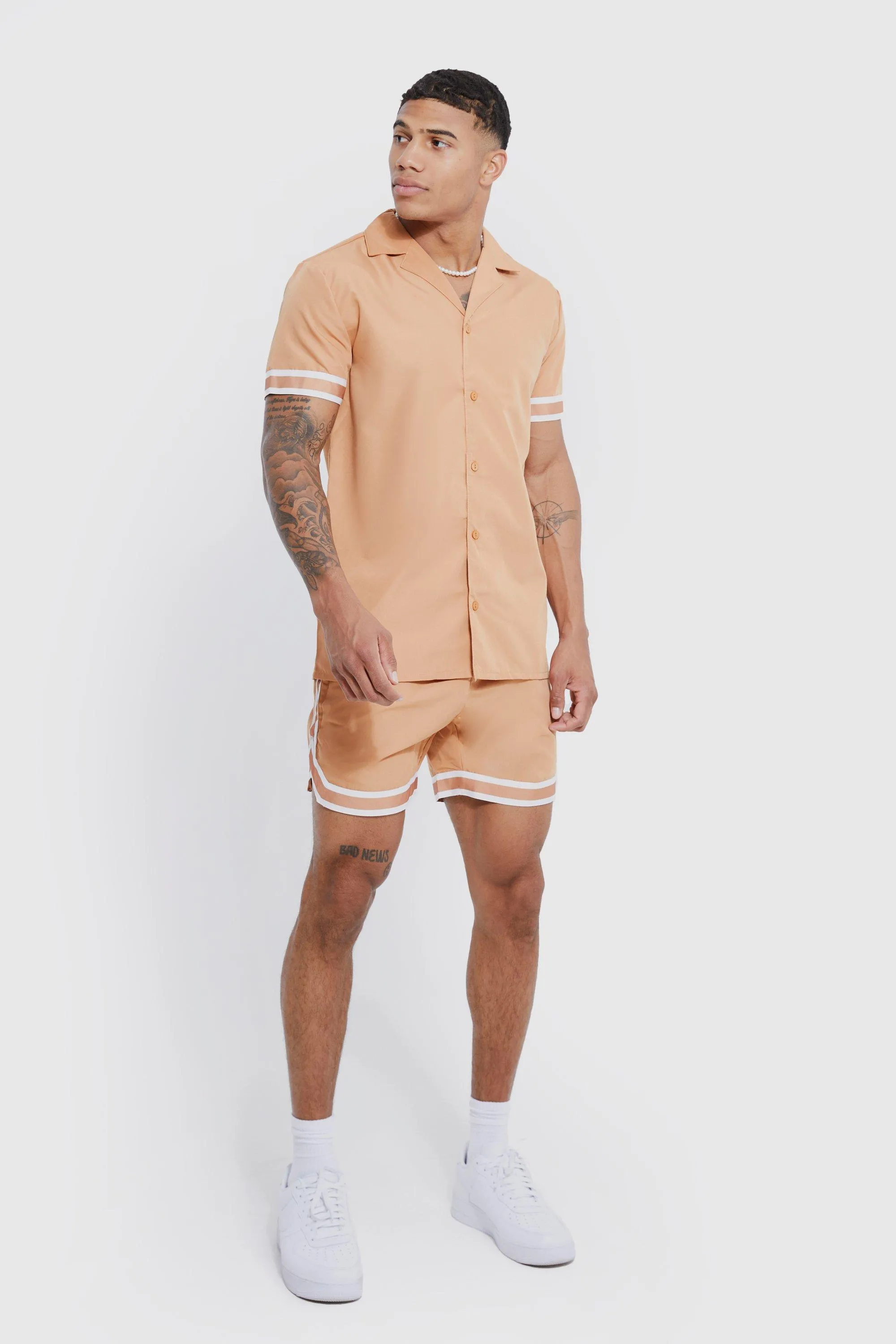 Short Sleeve Revere Tape Shirt & Short Set | boohooMAN UK