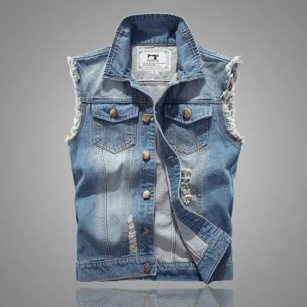 Slim sleeveless denim vest with rips for men