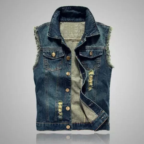 Slim sleeveless denim vest with rips for men