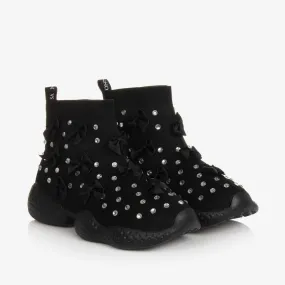 Teen Girls Black Knitted Rhinestone Trainers