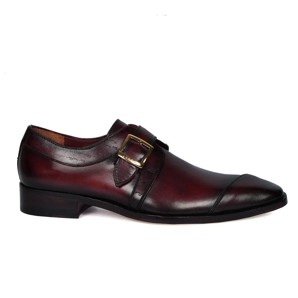 Wine Leather Single Monk Formal Shoes Slant Cap Toe Laser Engraved Top Line By Brune & Bareskin