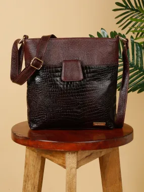 Women Brown Leather Croco Pattern Sling Bag