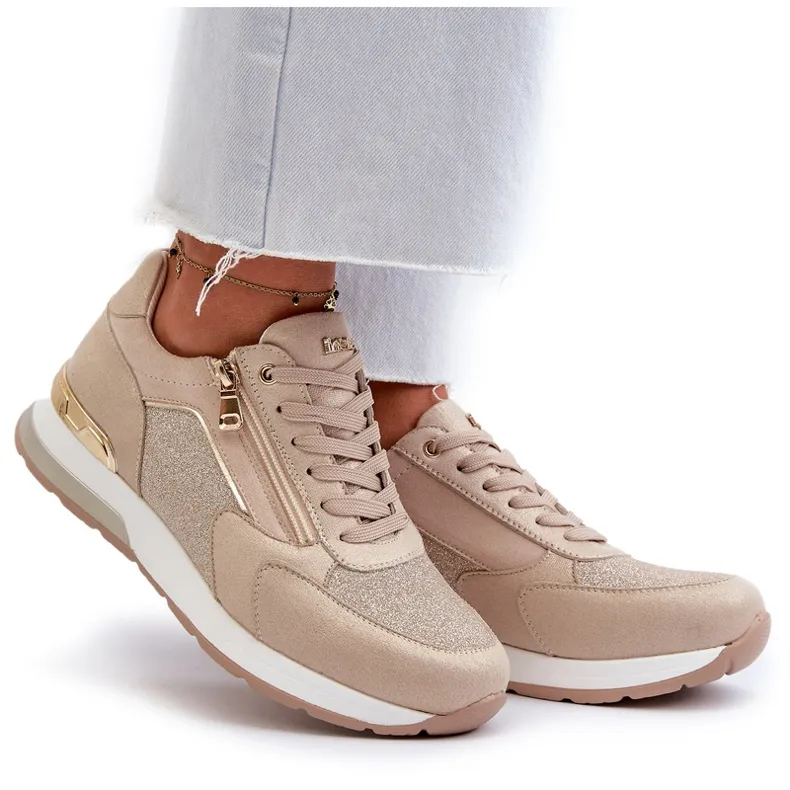 Women's Sneakers With Glitter and Zipper INBLU IN000365 Beige