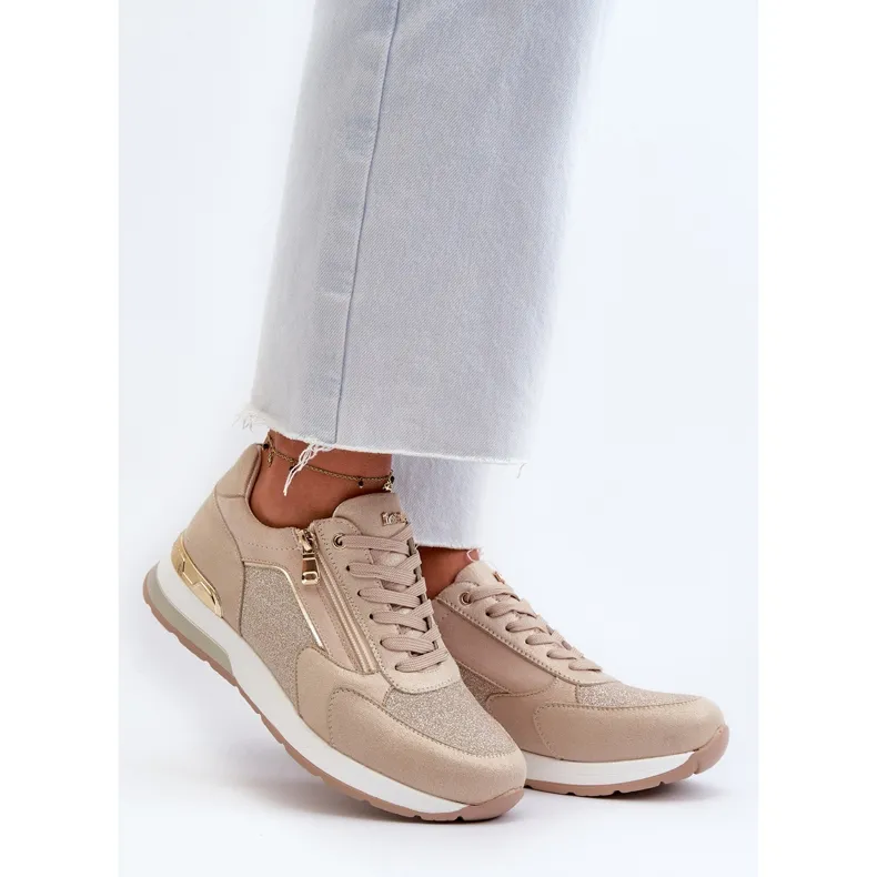 Women's Sneakers With Glitter and Zipper INBLU IN000365 Beige