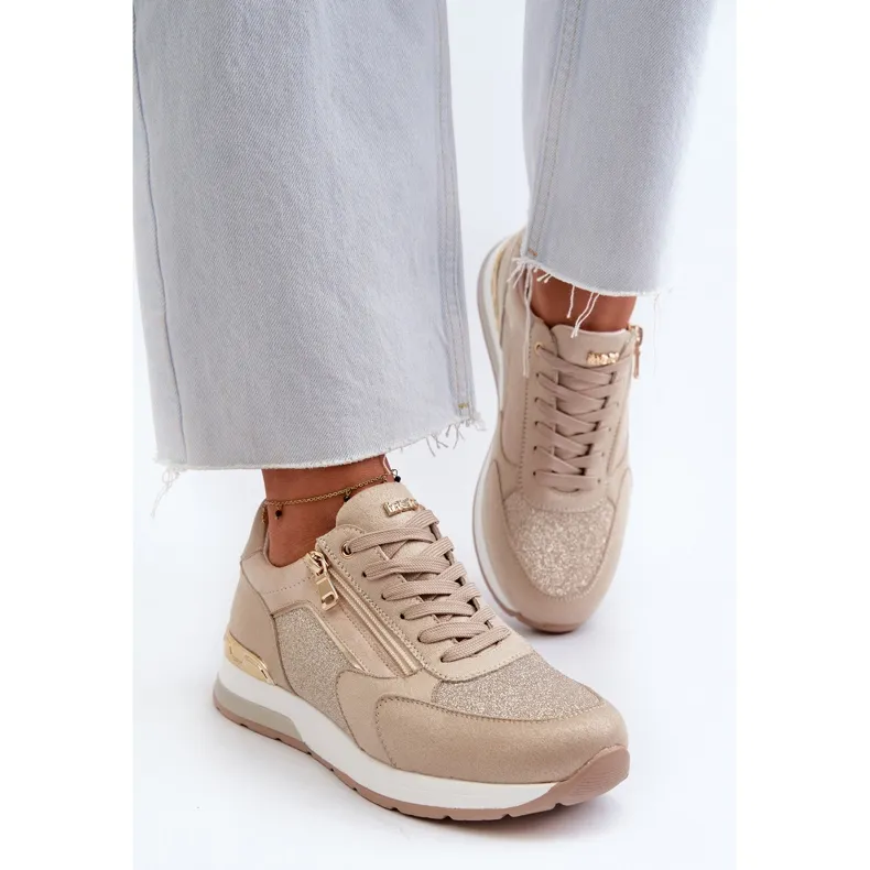 Women's Sneakers With Glitter and Zipper INBLU IN000365 Beige