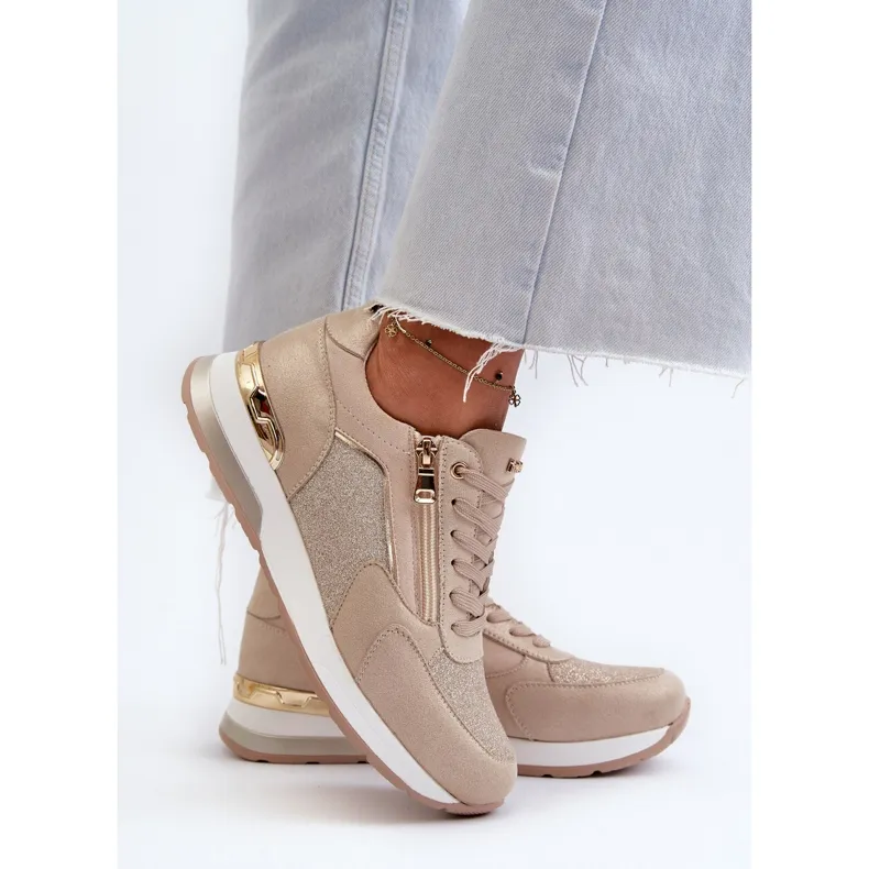 Women's Sneakers With Glitter and Zipper INBLU IN000365 Beige