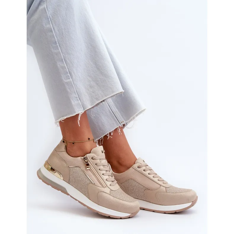 Women's Sneakers With Glitter and Zipper INBLU IN000365 Beige