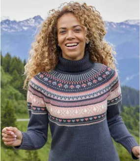 Women's Blue Patterned Roll-Neck Jumper