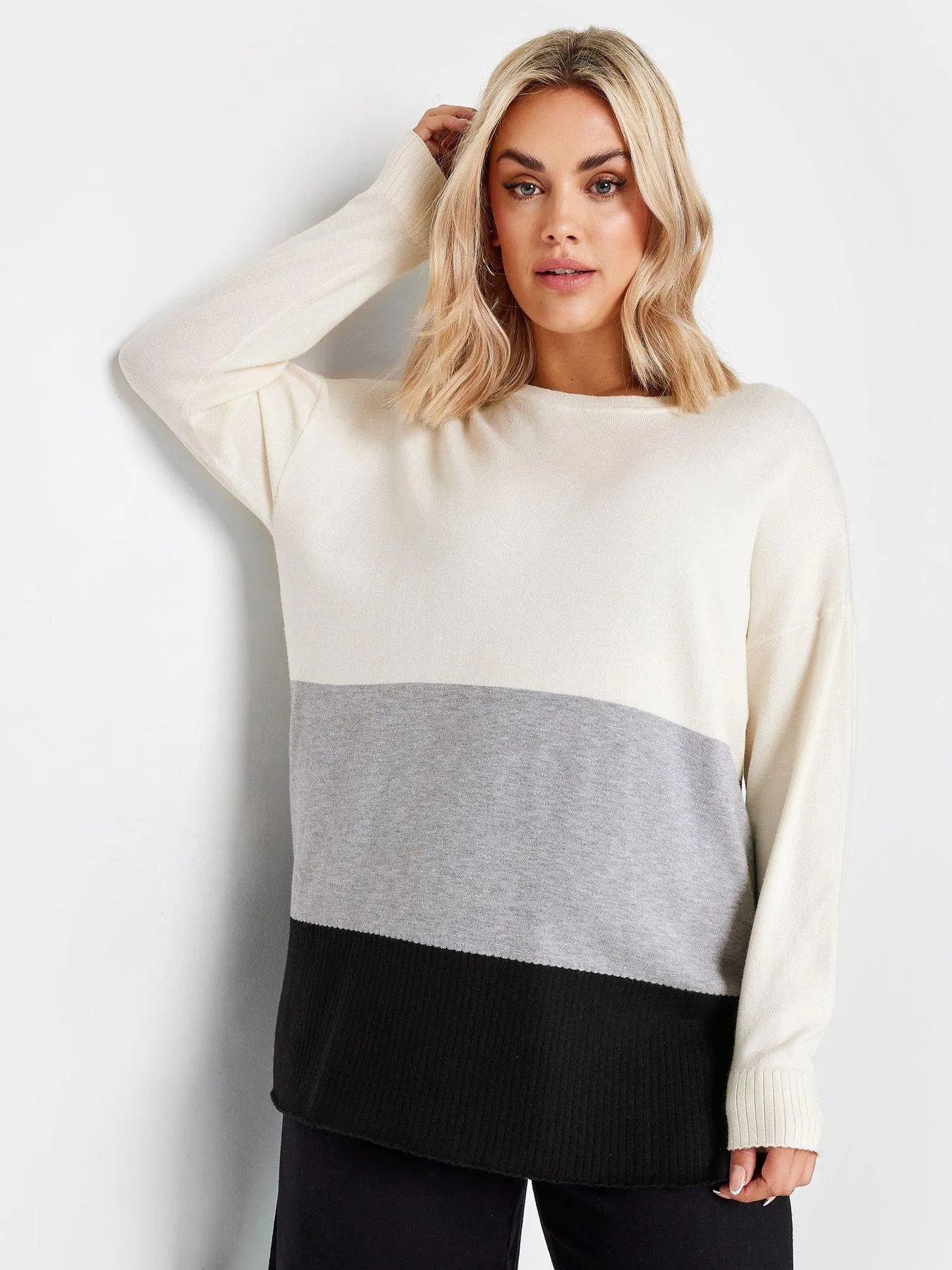 Yours Curve Colourblock Jumper Ivory