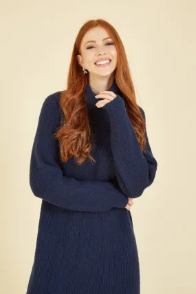 Yumi Navy Roll Neck Knitted Midi Jumper Dress