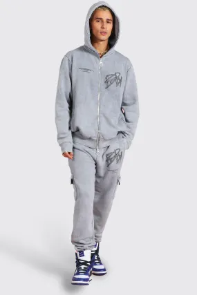 Zip Hooded Cargo Acid Wash Tracksuit | boohooMAN UK